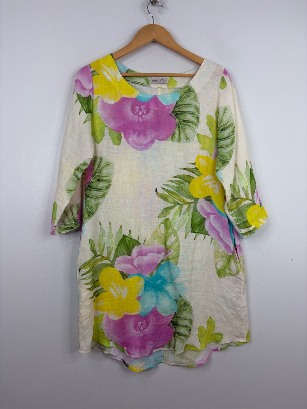 Linen Luv Dress Womens Small Pink Green Floral 3/4 Sleeve Short Pockets Romantic
